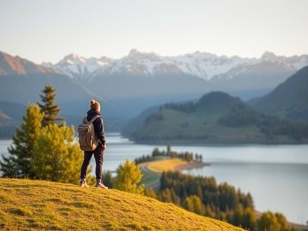 A peaceful, minimalist landscape depicting the advantages of minimalist travel. In the foreground, a lone traveler with a small backpack stands on a gently sloping hill, gazing out over a serene lake. The middle ground features lush, verdant trees and a winding path leading into the distance. The background showcases majestic, snow-capped mountains bathed in warm, golden light. The scene conveys a sense of freedom, tranquility, and connection with nature, highlighting the benefits of traveling light and unencumbered. The overall mood is one of simplicity, clarity, and unburdened adventure.