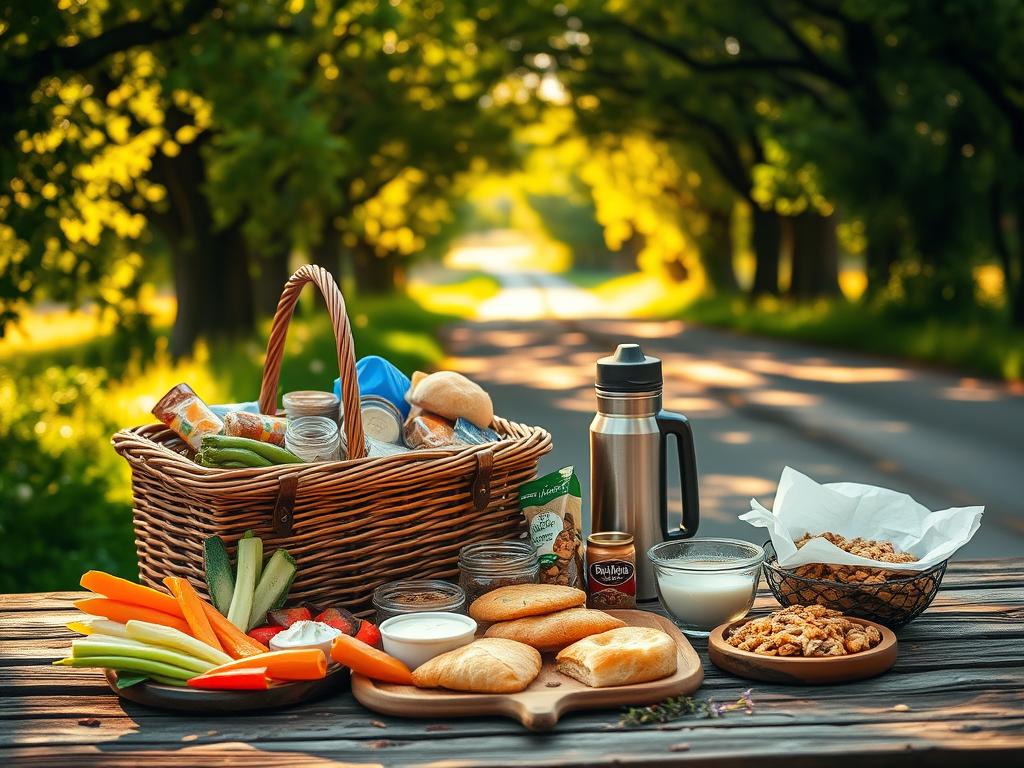 A picnic basket overflowing with an array of delectable snacks sits atop a rustic wooden table, bathed in warm, golden sunlight filtering through a nearby canopy of lush, verdant foliage. In the foreground, an assortment of tempting treats beckons - crisp vegetables, tangy dips, freshly baked pastries, and a selection of hearty trail mixes. The middle ground features a thermos of steaming coffee, a vintage-inspired water bottle, and a few scattered wildflowers, creating a charming, al fresco ambiance. The background is filled with the serene, winding road leading off into the distance, hinting at the adventure and exploration that awaits the traveler on their journey.
