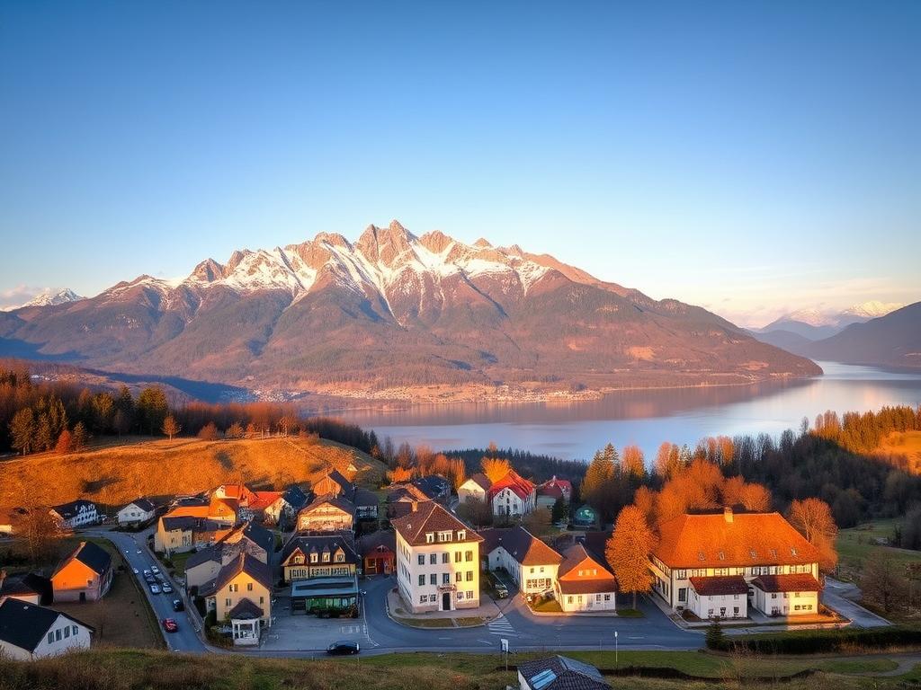 A picturesque landscape showcasing the most breathtaking travel destinations across Germany. In the foreground, a quaint town nestled among rolling hills, with colorful houses, cobblestone streets, and a charming town square. In the middle ground, a stunning mountain range, their peaks dusted with a light layer of snow, casting long shadows across the scene. In the background, a serene lake reflects the surrounding natural beauty, its calm waters mirroring the sky's gentle hues. The lighting is soft and warm, casting a golden glow over the entire composition. The scene is captured through a wide-angle lens, emphasizing the grandeur and vastness of the German countryside. An atmosphere of tranquility and adventure pervades, inviting the viewer to explore these magnificent Reiseziele in Deutschland.