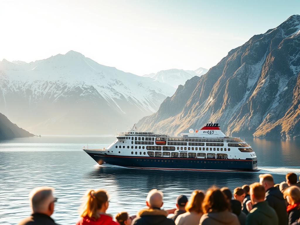 A pristine Norwegian fjord, flanked by majestic snow-capped peaks, serves as the backdrop for a Hurtigruten cruise ship gliding smoothly across the water. In the foreground, passengers observe the surrounding nature with awe, as the ship's crew engages in sustainable practices such as using renewable energy sources, implementing eco-friendly waste management, and promoting local conservation efforts. The scene is bathed in warm, golden sunlight, reflecting the Hurtigruten's commitment to responsible tourism and environmental stewardship. A sense of tranquility and harmony pervades the image, capturing the essence of "Nachhaltigkeit und umweltfreundliche Praktiken Hurtigrouten".