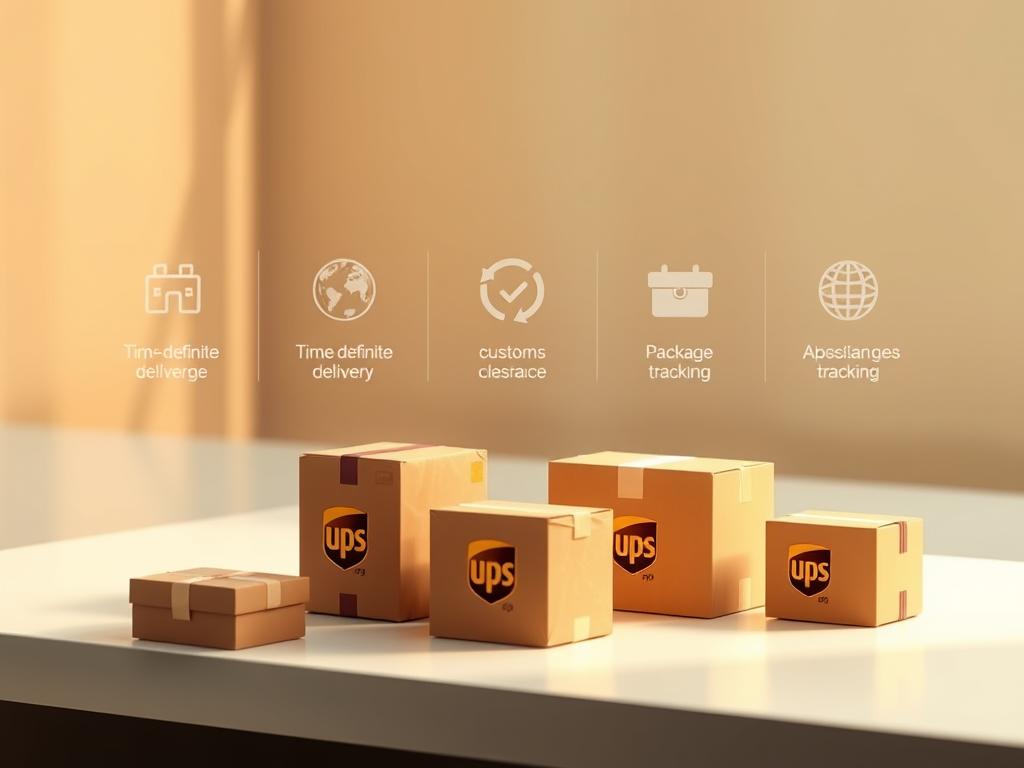 A professional, modern, and minimalist illustration of the available international courier services and options offered by UPS. In the foreground, depict several UPS-branded packages of varying sizes, arranged neatly on a clean, minimalist surface. Use warm lighting to create a sense of quality and professionalism. In the middle ground, include simple icons or graphics representing the different service options, such as time-definite delivery, customs clearance, and package tracking. The background should be a clean, blurred gradient in muted, corporate colors, conveying a sense of reliability and efficiency. The overall composition should be well-balanced, visually appealing, and effectively communicate the idea of UPS's comprehensive international delivery services.