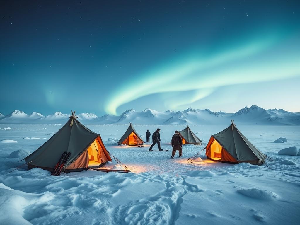 A remote Arctic landscape, blanketed in pristine snow and ice. In the foreground, sturdy canvas tents nestled amidst snowdrifts, their warm glow radiating through the crisp, clear night sky. Skis and snowshoes lean against the tent walls, ready for the day's expedition. In the middle ground, a few figures bundled in thick fur and wool make their way between the tents, their breath visible in the frosty air. In the distance, the horizon is dotted with jagged, snow-capped peaks, silhouetted against the ethereal Aurora Borealis dancing overhead. The scene is bathed in a soft, cool light, conveying the rugged yet tranquil atmosphere of an Arctic camp.