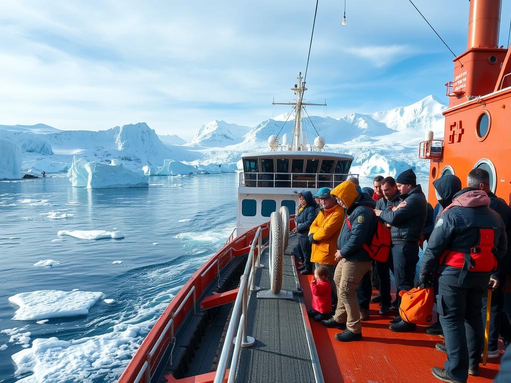 A rugged expedition ship navigating through pristine Arctic waters, surrounded by majestic glaciers and towering icebergs. In the foreground, a group of adventurers prepare their gear, their expressions filled with a sense of anticipation and wonder. The middle ground reveals the ship's sturdy deck, with its reinforced hull and specialized equipment designed for the harsh environment. In the background, the vast, untamed landscape of the Arctic unfolds, its icy peaks and frozen tundra bathed in a soft, ethereal light. This is the essence of a Quark Expedition, where the boundary between man and nature blurs, and the true spirit of exploration shines through.
