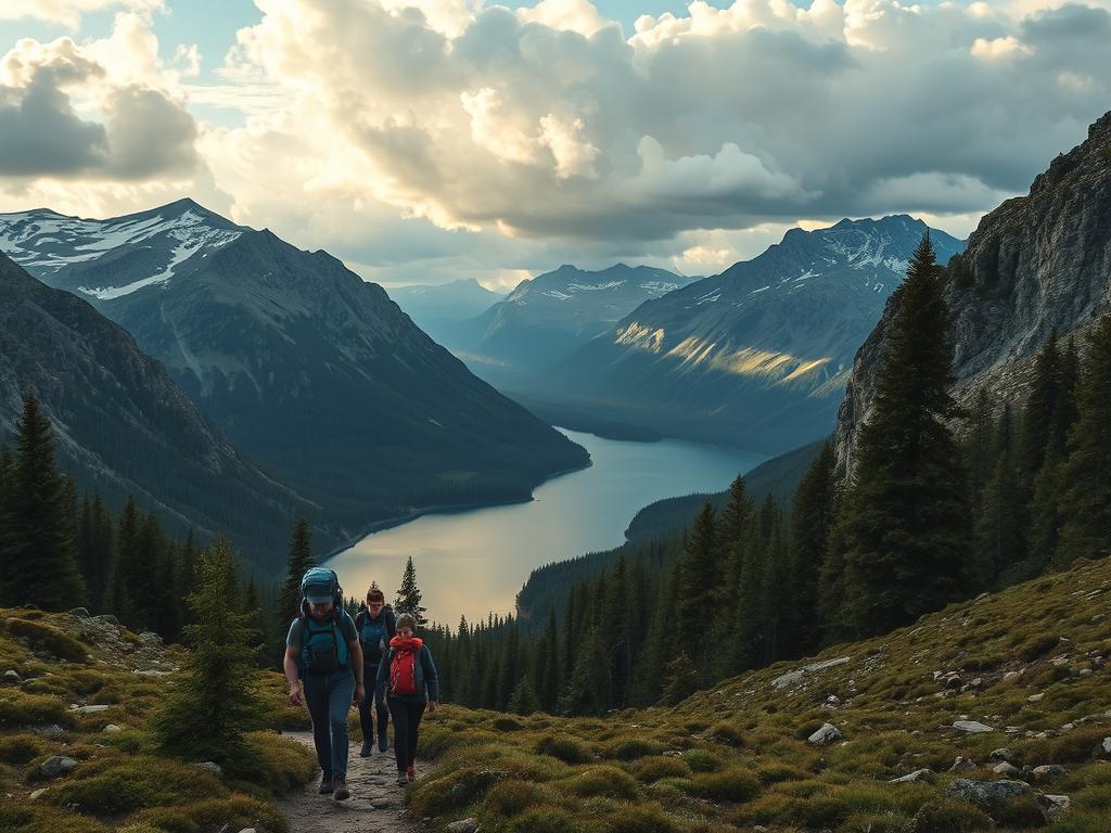A rugged, majestic landscape of towering mountains and pristine forests in northern Sweden. In the foreground, a group of adventurous hikers navigates a winding trail, their gear and supplies carefully packed. The middle ground reveals a serene lake, its still waters reflecting the surrounding peaks. In the distance, a dramatic sky with billowing clouds casts a warm, golden glow over the scene. The overall atmosphere conveys a sense of tranquility, challenge, and the beauty of the Nordic wilderness - the perfect setting for a thrilling survival adventure.