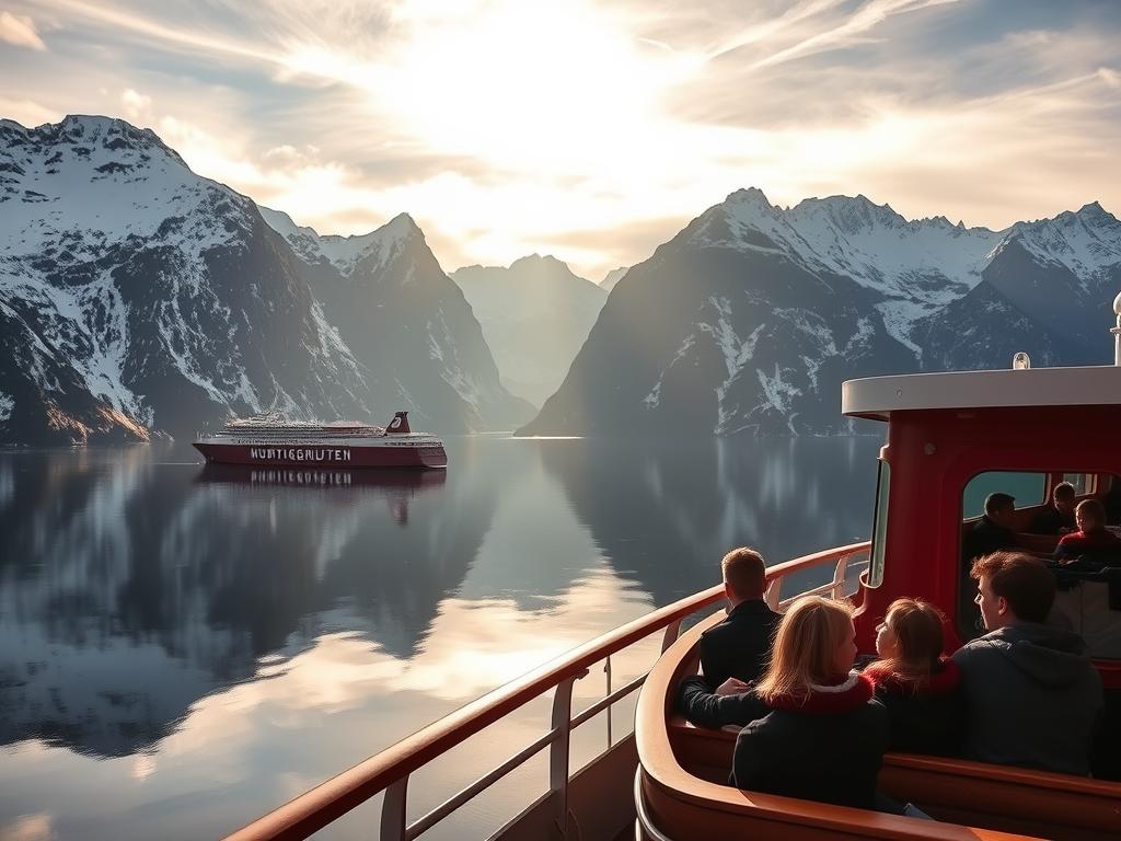 A rugged, snow-capped Norwegian fjord surrounded by towering mountains, with a traditional red-hulled Hurtigruten cruise ship sailing gracefully through the serene waters. The ship's silhouette is reflected in the calm fjord, creating a mirror-like effect. Soft, warm sunlight filters through wispy clouds, illuminating the dramatic landscape and casting long shadows across the water. In the foreground, a cozy cabin on the ship's deck, with travelers gazing out at the breathtaking scenery, their faces alight with a sense of wonder and adventure. The overall mood is one of tranquility, awe, and the captivating beauty of the Norwegian coastline.