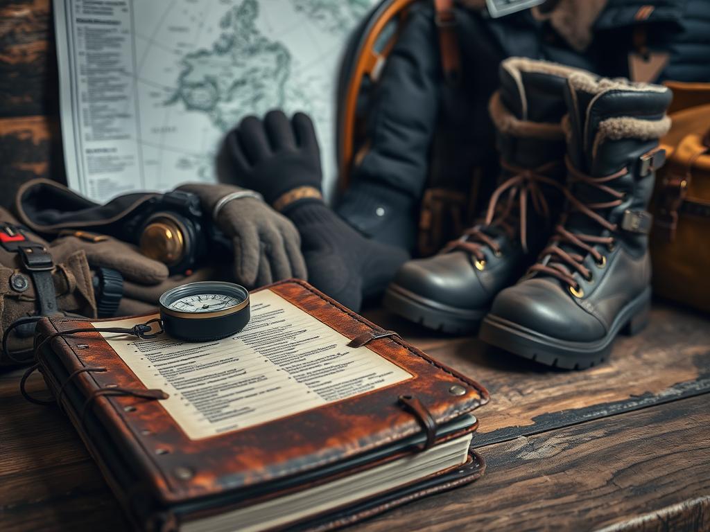 A rugged, weathered packing list for a Nordpol expedition, illuminated by a soft, warm light. In the foreground, a worn leather journal with expedition notes, a compass, and a heavy-duty headlamp. In the middle ground, thick winter gloves, thermal socks, and a sturdy pair of boots. In the background, a detailed map of the Arctic region, a well-used pair of snowshoes, and a heavy-duty parka hanging on a rack. The overall atmosphere is one of preparedness, adventure, and the thrill of embarking on an expedition to the northernmost reaches of the planet.