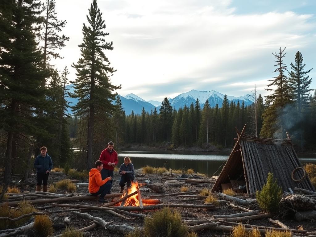 A rugged wilderness landscape in northern Sweden, illuminated by soft natural light filtering through the canopy of tall pine trees. In the foreground, a group of people engaged in various survival activities - foraging for edible plants, starting a fire with a bow drill, and constructing a simple shelter from fallen branches and leaves. The middle ground features a tranquil lake, its still waters reflecting the surrounding forest. In the distance, snow-capped mountains rise majestically against a picturesque sky. The scene conveys a sense of peaceful immersion in the pristine natural environment, with the participants fully absorbed in the challenge and wonder of outdoor survival.