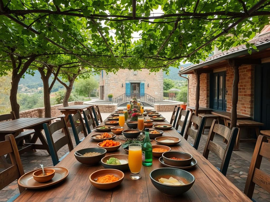 A rustic outdoor setting with a long wooden table, set with a variety of authentic local dishes and drinks. Overhead, a canopy of lush foliage casts a warm, dappled light across the scene. In the background, a traditional stone building or quaint village nestled among rolling hills. The table is adorned with handcrafted ceramic plates, wooden bowls, and artisanal glassware, showcasing the vibrant colors and textures of the homemade regional specialties. A casual, convivial atmosphere pervades, inviting the viewer to discover the hidden culinary gems beyond the typical tourist path.