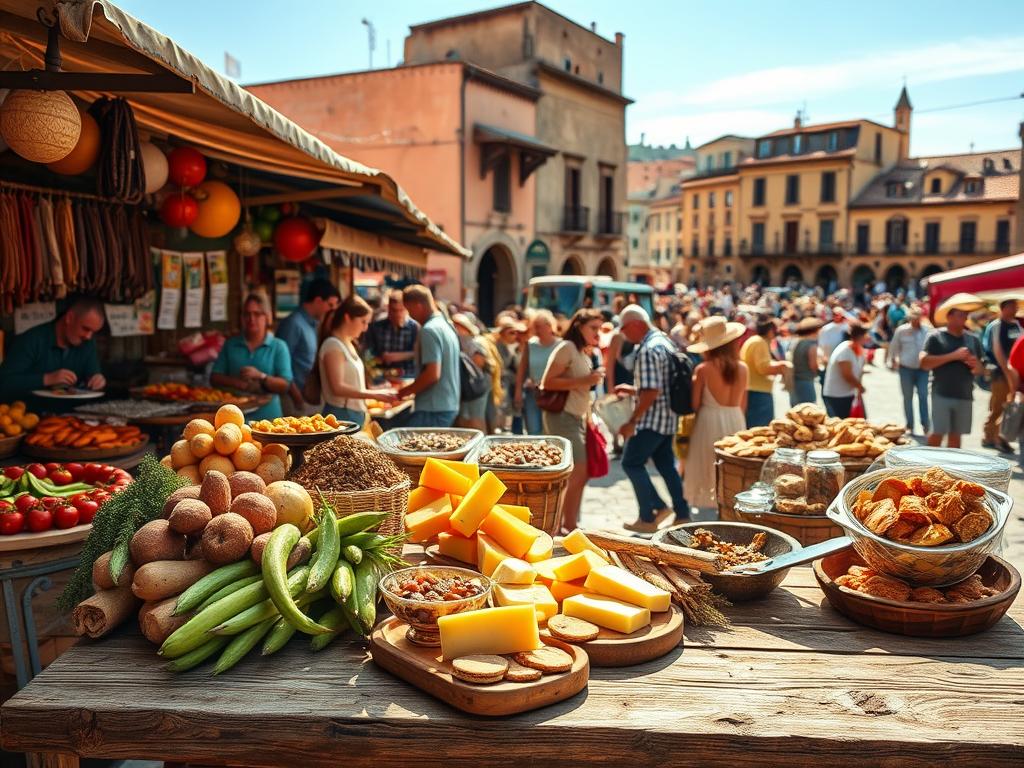 A rustic, sun-drenched outdoor market scene, with vibrant displays of fresh produce, artisanal breads, and sizzling street food stalls. In the foreground, a weathered wooden table showcases an array of local delicacies - cured meats, fragrant cheeses, and homemade preserves. The middle ground features a throng of locals browsing the stalls, their faces aglow with the joy of discovering new flavors. In the background, historic buildings and a bustling town square create a sense of timeless tradition. Warm, golden light filters through the scene, evoking the welcoming atmosphere of a beloved community gathering place. The overall mood is one of authenticity, tradition, and the celebration of local cuisine.
