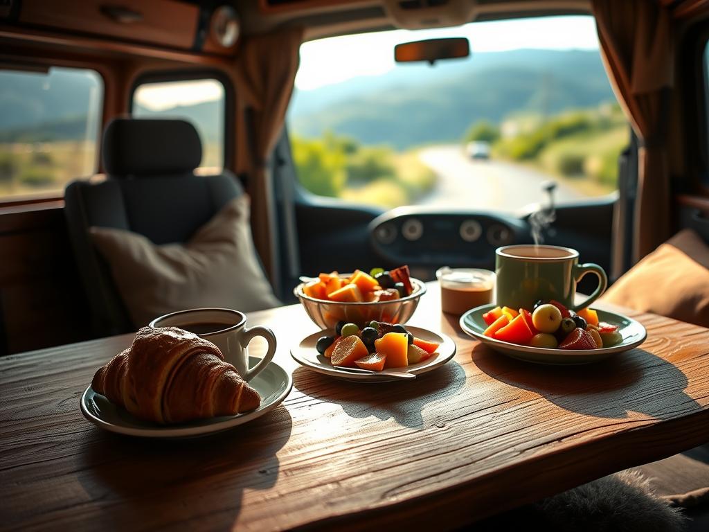 A rustic wooden table set with an assortment of simple yet delightful vanlife breakfast dishes - freshly baked croissants, a colorful fruit salad, and a steaming mug of aromatic coffee. Soft natural light filters through the van's windows, casting a warm glow over the scene. In the background, glimpses of the open road and lush, verdant landscape beyond, hinting at the freedom and adventure of the vanlife lifestyle. The overall mood is one of simplicity, contentment, and a appreciation for the small but meaningful pleasures of life on the road.