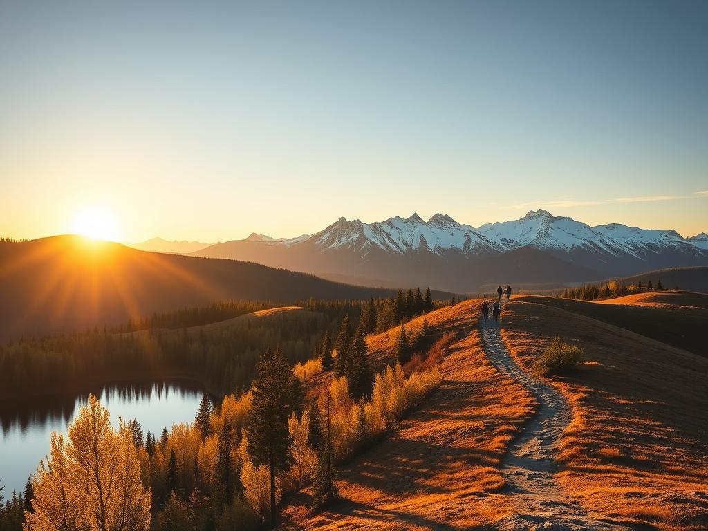 A scenic landscape in the heart of Sweden, bathed in the warm glow of a golden hour sunset. In the foreground, a pristine lake reflects the surrounding birch forests and rolling hills. In the middle ground, a group of hikers traverse a winding trail, taking in the breathtaking vistas. The background features majestic, snow-capped mountains, their peaks piercing the azure sky. The scene is illuminated by soft, diffused lighting, creating a serene and tranquil atmosphere. A sense of adventure and connection with nature permeates the image, capturing the essence of the perfect time to explore the great outdoors of Sweden. A scenic landscape in the heart of Sweden, bathed in the warm glow of a golden hour sunset. In the foreground, a pristine lake reflects the surrounding birch forests and rolling hills. In the middle ground, a group of hikers traverse a winding trail, taking in the breathtaking vistas. The background features majestic, snow-capped mountains, their peaks piercing the azure sky. The scene is illuminated by soft, diffused lighting, creating a serene and tranquil atmosphere. A sense of adventure and connection with nature permeates the image, capturing the essence of the perfect time to explore the great outdoors of Sweden.