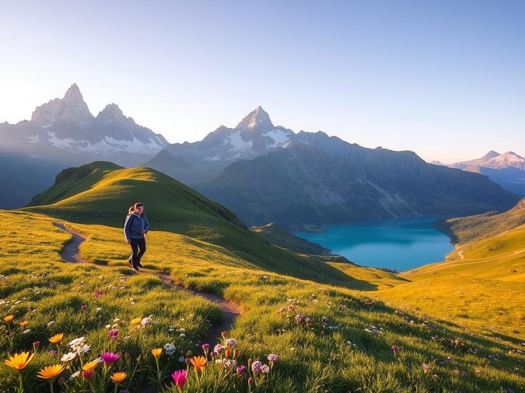 A scenic mountain landscape bathed in warm, golden light, with a lone hiker traversing a winding path through verdant alpine meadows. In the foreground, vibrant wildflowers dot the terrain, their petals gently swaying in a gentle breeze. The middle ground features a serene, turquoise lake, its calm waters reflecting the towering peaks that rise majestically in the background, their snow-capped summits piercing the crisp, azure sky. The hiker, dressed in practical outdoor gear, appears content and at peace, immersed in the tranquility of the natural setting, embodying the essence of a solo hiking adventure.