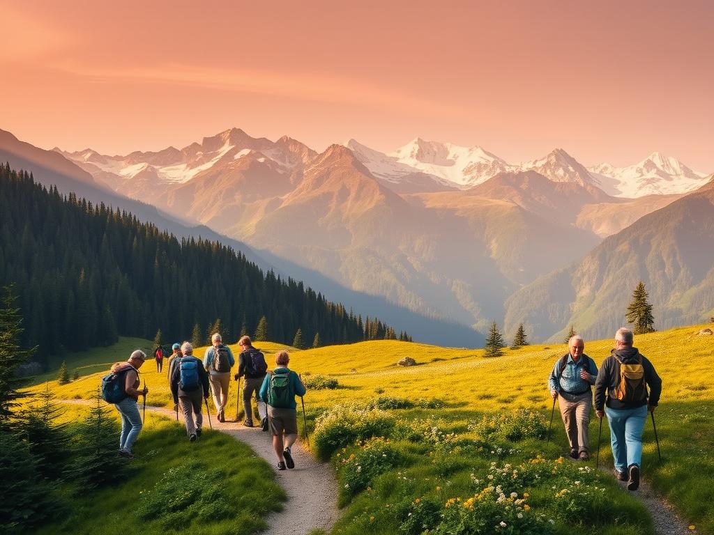 A scenic mountain landscape with a winding hiking trail cutting through lush green forests. In the foreground, a group of diverse, active seniors explore the path, some carrying backpacks and trekking poles. The middle ground features a picturesque alpine meadow dotted with wildflowers, while the background is dominated by majestic snow-capped peaks bathed in warm, golden sunlight. The atmosphere is one of tranquility, camaraderie, and a sense of adventure, capturing the essence of a fulfilling "Wanderreise" for singles over 50.