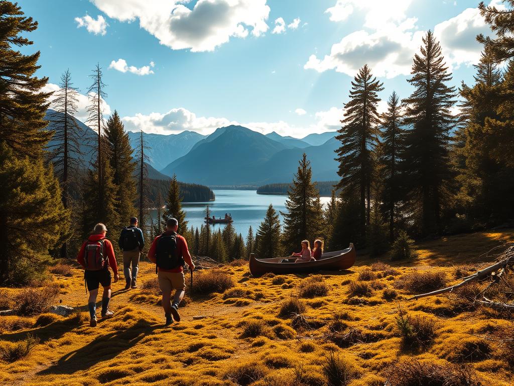 A scenic outdoor landscape in the heart of Sweden, bathed in warm, golden sunlight. In the foreground, a group of adventurous hikers traverse a winding trail, their backpacks and hiking gear visible. Towering pine trees line the path, casting dappled shadows across the mossy ground. In the middle distance, a pristine lake reflects the surrounding mountains, their peaks dusted with a light layer of snow. The sky above is a brilliant blue, dotted with fluffy white clouds. Silhouetted against this backdrop, a family paddles a traditional wooden rowboat, their laughter and cheer echoing across the calm waters. The overall atmosphere conveys a sense of tranquility, adventure, and the boundless beauty of the Swedish outdoors. A scenic outdoor landscape in the heart of Sweden, bathed in warm, golden sunlight. In the foreground, a group of adventurous hikers traverse a winding trail, their backpacks and hiking gear visible. Towering pine trees line the path, casting dappled shadows across the mossy ground. In the middle distance, a pristine lake reflects the surrounding mountains, their peaks dusted with a light layer of snow. The sky above is a brilliant blue, dotted with fluffy white clouds. Silhouetted against this backdrop, a family paddles a traditional wooden rowboat, their laughter and cheer echoing across the calm waters. The overall atmosphere conveys a sense of tranquility, adventure, and the boundless beauty of the Swedish outdoors.