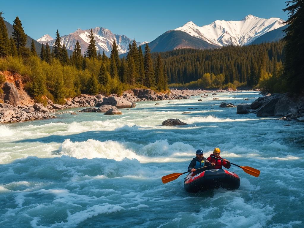 A scenic riverside landscape with a group of whitewater rafters navigating a turbulent, foaming river. The foreground features the rafters skillfully maneuvering their raft through the churning rapids, paddles slicing through the water. The middle ground showcases the natural beauty of the riverbanks, with lush green foliage, rugged rock formations, and towering pines lining the shores. In the background, snow-capped mountain peaks rise majestically, creating a dramatic, picturesque setting. The lighting is natural and warm, casting a golden glow over the scene. The overall mood evokes a sense of adventure, adrenaline, and the exhilaration of an authentic whitewater rafting experience.