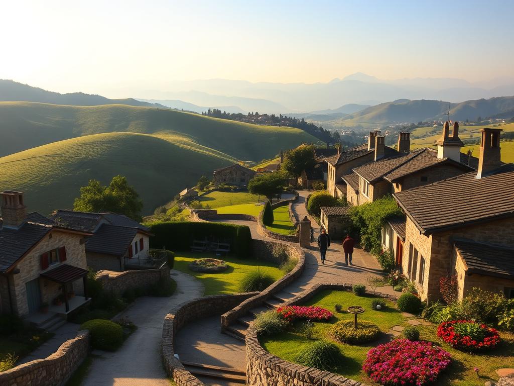 A scenic vista of a tranquil village nestled in rolling green hills, bathed in soft, golden sunlight. The foreground features winding dirt paths, lined with quaint stone cottages and charming gardens bursting with colorful flora. In the middle ground, locals amble leisurely, immersed in unhurried conversation. The background reveals distant, hazy mountains framing the peaceful scene. A serene, inviting atmosphere evokes a sense of timelessness, where the pace of life is measured in the gentle rhythm of the seasons. This image embodies the essence of destinations that foster slow, immersive travel experiences.