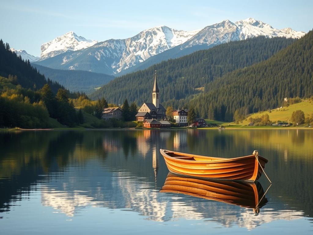 A secluded lakeside retreat nestled in the lush, rolling hills of the German countryside. In the foreground, a small wooden boat drifts peacefully on the glassy surface, its reflection mirrored in the tranquil waters. The middle ground features a quaint, charming village, its colorful half-timbered houses and church steeple peeking through the verdant forest canopy. In the background, majestic snow-capped mountains rise up, their peaks bathed in soft, golden light, creating a breathtaking panorama. The scene is imbued with a sense of serenity and wonder, inviting the viewer to discover the hidden gems that lie in wait, undiscovered, throughout the heart of Germany.