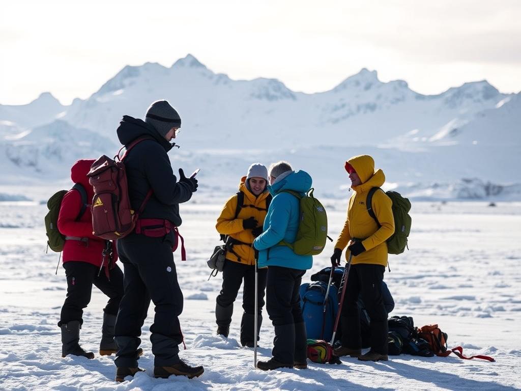 A serene Arctic landscape with towering glaciers and snow-capped peaks in the background. In the foreground, a group of adventurous hikers in warm, weatherproof gear are engaging in safety checks, inspecting their equipment, and preparing for their Quark Expeditions adventure. The scene is bathed in soft, diffused natural lighting, conveying a sense of tranquility and anticipation. The overall mood is one of excitement, preparedness, and a deep appreciation for the natural wonders of the Arctic region.