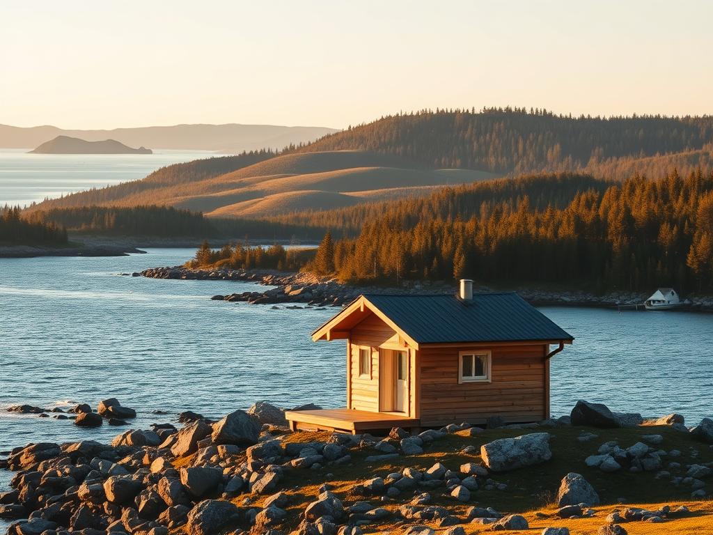 A serene Swedish stuga nestled amongst the rugged schären archipelago, bathed in soft golden light. The wooden cabin stands in the foreground, its warm hues complementing the rocky coastline and gently lapping waves. Beyond, rolling hills and ancient pine forests form the middle ground, while in the distance, the horizon is dotted with the silhouettes of neighboring islands. A sense of tranquility and solitude pervades the scene, inviting the viewer to imagine a peaceful retreat from the hustle and bustle of daily life.
