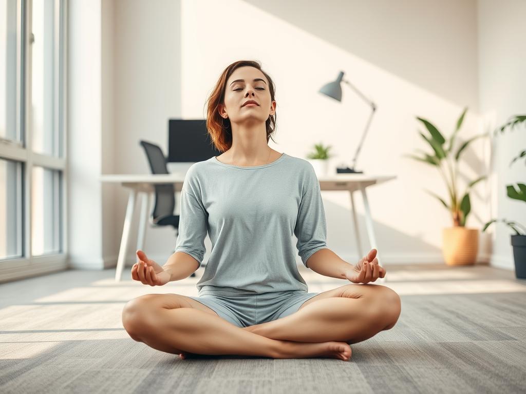 A serene and tranquil office space, bathed in soft natural light streaming through large windows. In the foreground, a person sits cross-legged on the floor, eyes closed, deeply immersed in a moment of mindful meditation, their expression serene and at peace. Surrounding them, the middle ground features a minimalist desk, a plant, and a few personal items, exuding a sense of simplicity and focus. The background depicts a calming, neutral-toned wall, creating a calming, grounding atmosphere. The overall scene conveys a feeling of Achtsamkeit (mindfulness) and Entschleunigung (deceleration) seamlessly integrated into the everyday work environment.