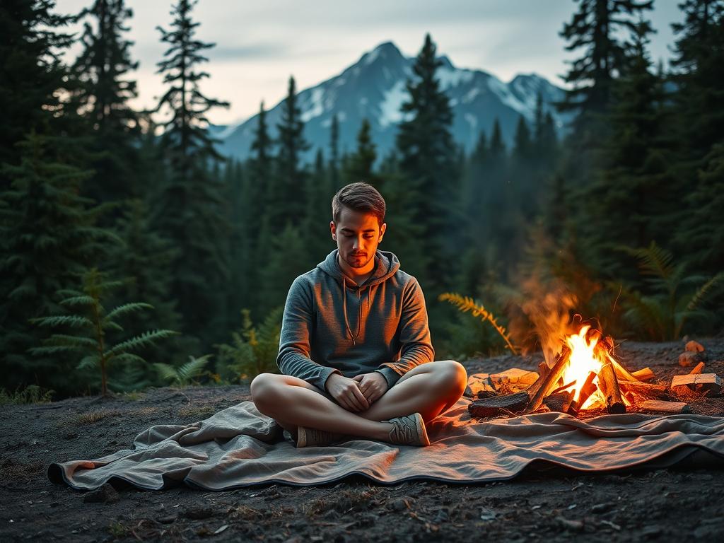 A serene and tranquil scene, capturing the essence of personal reflection and self-discovery. In the foreground, a traveler sits cross-legged on a worn, earth-toned blanket, lost in deep contemplation, their face illuminated by the warm glow of a campfire. Surrounding them, a lush forest of towering pines and ferns, their verdant hues casting a soothing, natural ambiance. In the distance, a majestic mountain range rises, its snow-capped peaks piercing the horizon, symbolizing the journey inward and the challenges to be faced. The lighting is soft and diffused, creating a sense of solitude and introspection. The overall mood is one of tranquility, serenity, and a profound connection to the self and the natural world.