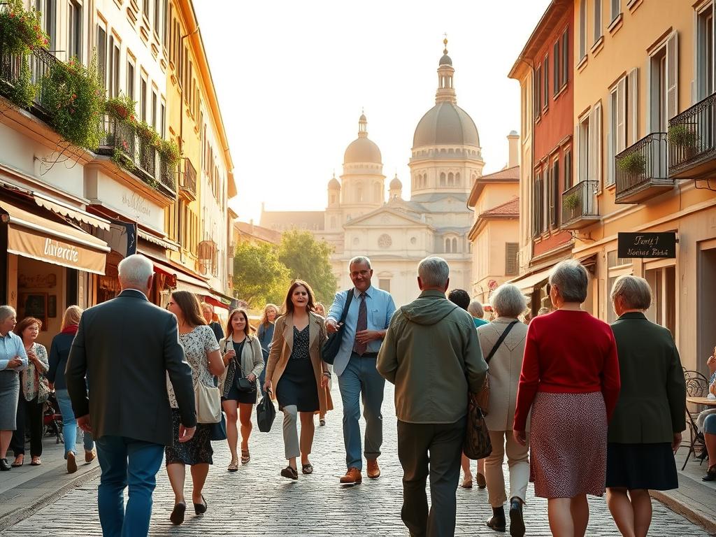 A serene and tranquil scene of a group of mature solo travelers exploring a vibrant European city. In the foreground, a mix of well-dressed individuals of varying ages stroll along a picturesque cobblestone street, admiring the charming architecture and bustling local cafes. In the middle ground, a tour guide gestures animatedly, leading the group towards a renowned landmark, its majestic spires and domes rising in the distance. The background is bathed in warm, golden light, creating a sense of exploration and discovery. The mood is one of camaraderie, adventure, and a zest for life, perfectly capturing the spirit of "Singlereisen ab 50" - a chance for mature solo travelers to rediscover the world.