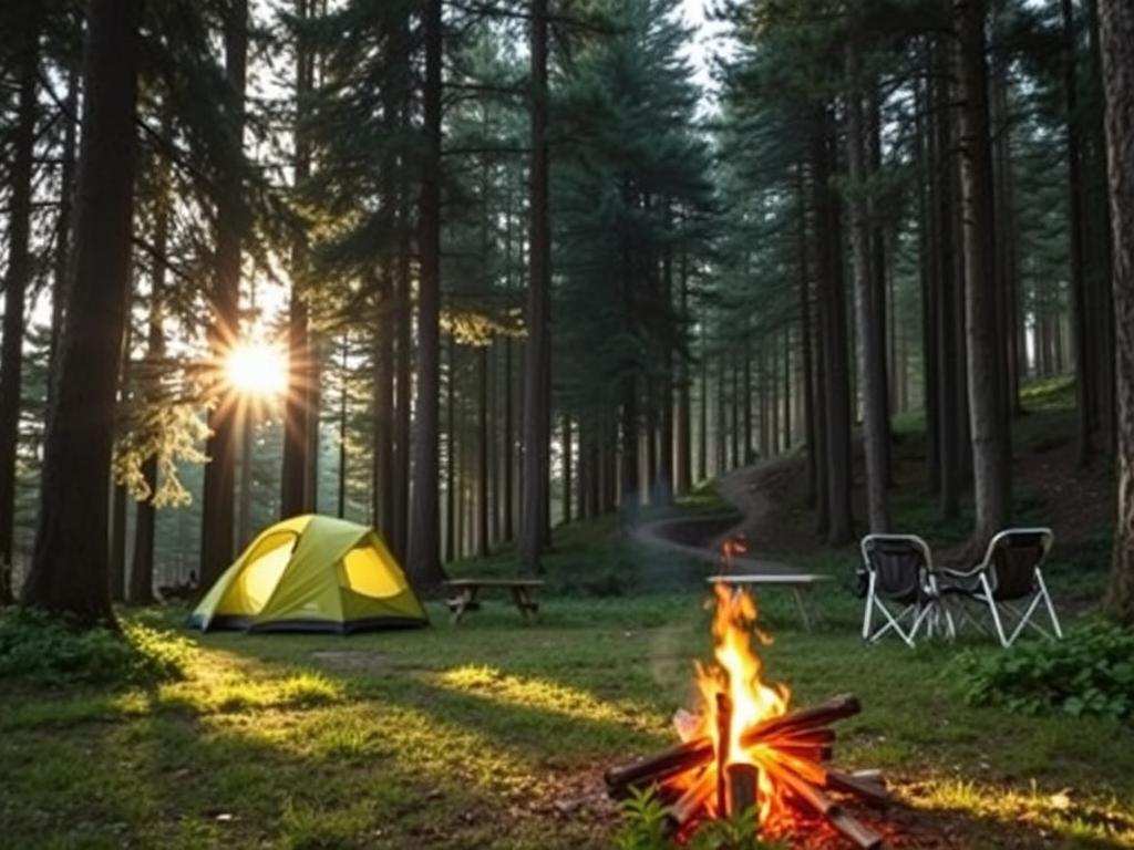 A serene forest clearing in Germany, sunlight filtering through the lush canopy, casting a warm glow on a lone hiker's tent nestled between the towering pines. In the foreground, a small campfire crackles, its smoke curling lazily upwards. In the middle ground, a picnic table and folding chairs suggest a cozy outdoor living space. The background reveals a winding trail leading deeper into the wilderness, hinting at the boundless opportunities for exploration. The atmosphere is one of tranquility and connection with nature, conveying the essence of responsible and respectful wildcamping in Deutschland.