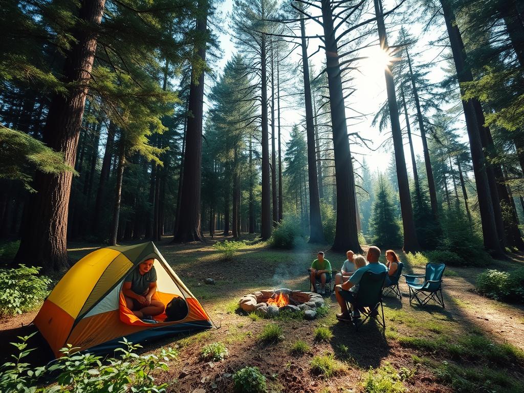 A serene forest clearing, sunlight filtering through the canopy, with a group of friends gathered around a crackling campfire. In the foreground, a cozy tent nestled amidst lush greenery, its occupants emerging to enjoy the warmth and camaraderie. In the middle ground, a circle of camping chairs, where hikers and outdoor enthusiasts share stories and plan their next adventure. In the background, a line of tall, ancient trees, their branches casting playful shadows on the scene. The atmosphere is one of connection, community, and a deep appreciation for the natural world. A wide-angle lens captures the sense of scale and the intimate, inviting feel of this idyllic wildcamping retreat.