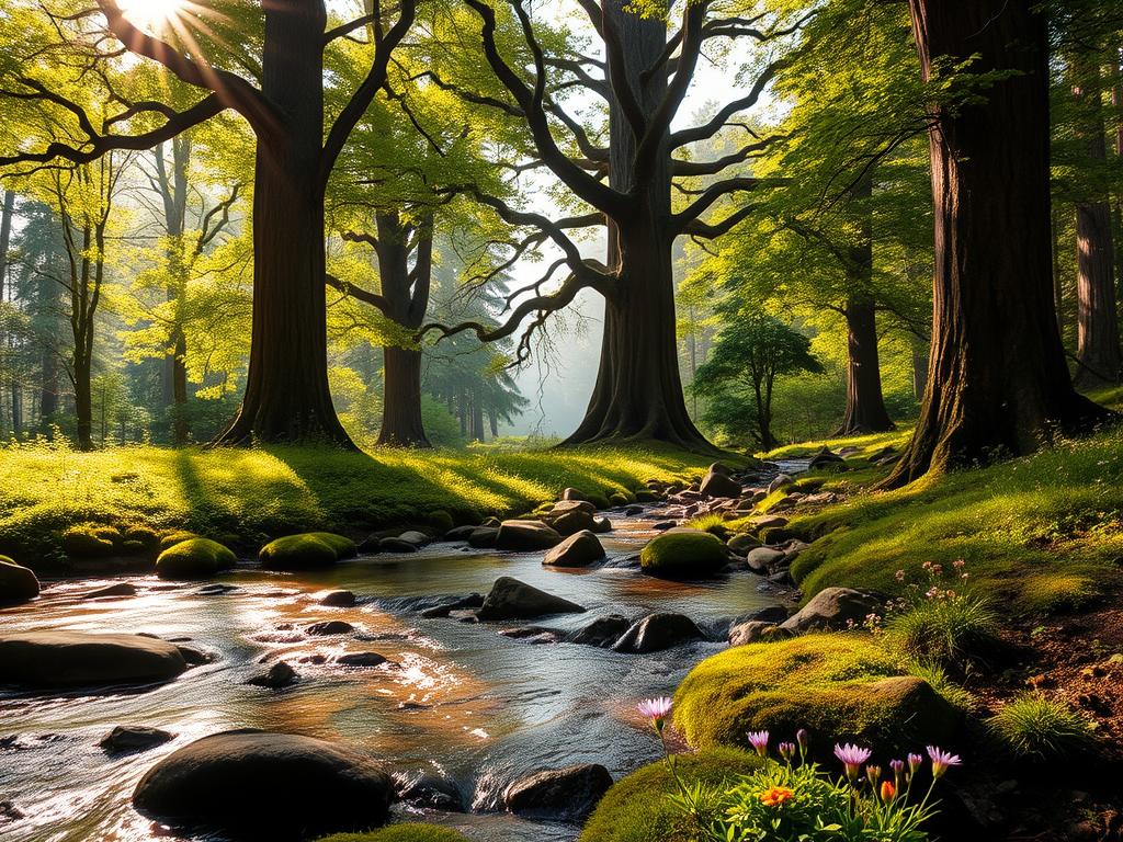 A serene forest glade, dappled with warm, golden sunlight filtering through the lush, verdant canopy above. In the foreground, a tranquil stream meanders over smooth, sun-kissed rocks, its gentle burbling creating a soothing soundscape. Vibrant wildflowers dot the mossy banks, their delicate petals swaying in a soft breeze. In the middle ground, ancient, towering trees stand as silent witnesses, their gnarled trunks and sprawling branches creating a sense of timelessness. The background fades into a hazy, atmospheric distance, suggesting the depths of the untamed wilderness beyond. The overall scene conveys a profound sense of peace, harmony, and rejuvenation, inviting the viewer to escape the stresses of everyday life and immerse themselves in the restorative power of nature.
