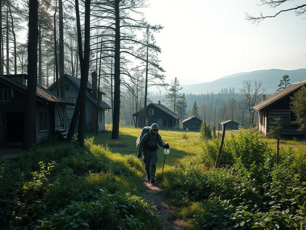 A serene forest glade, sun-dappled and tranquil, sets the stage for a careful exploration of a remote, abandoned village. In the foreground, a lone figure in protective gear navigates the overgrown paths, their steps measured and cautious. The middle ground reveals the weathered facades of forgotten homes, their windows dark and doors ajar, hinting at histories long since silenced. In the background, a hazy, atmospheric landscape stretches out, framing the scene with a sense of isolation and mystery. Soft, diffused lighting bathes the entire composition, creating a mood of contemplative discovery and heightened awareness of one's surroundings. This image conveys the delicate balance of curiosity and caution when venturing into the unknown realms of abandoned settlements.