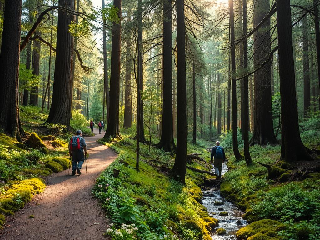 A serene forest scene with a winding, unpaved trail leading through a lush, verdant landscape. The sunlight filters gently through the canopy of tall, ancient trees, casting a warm, natural glow. In the foreground, wildflowers and mosses carpet the ground, while a small stream meanders peacefully nearby. Hikers, backpacks in tow, navigate the path with a sense of reverence and connection to the natural world. The atmosphere is one of tranquility and mindfulness, reflecting the ethos of sustainable travel and the preservation of the environment.