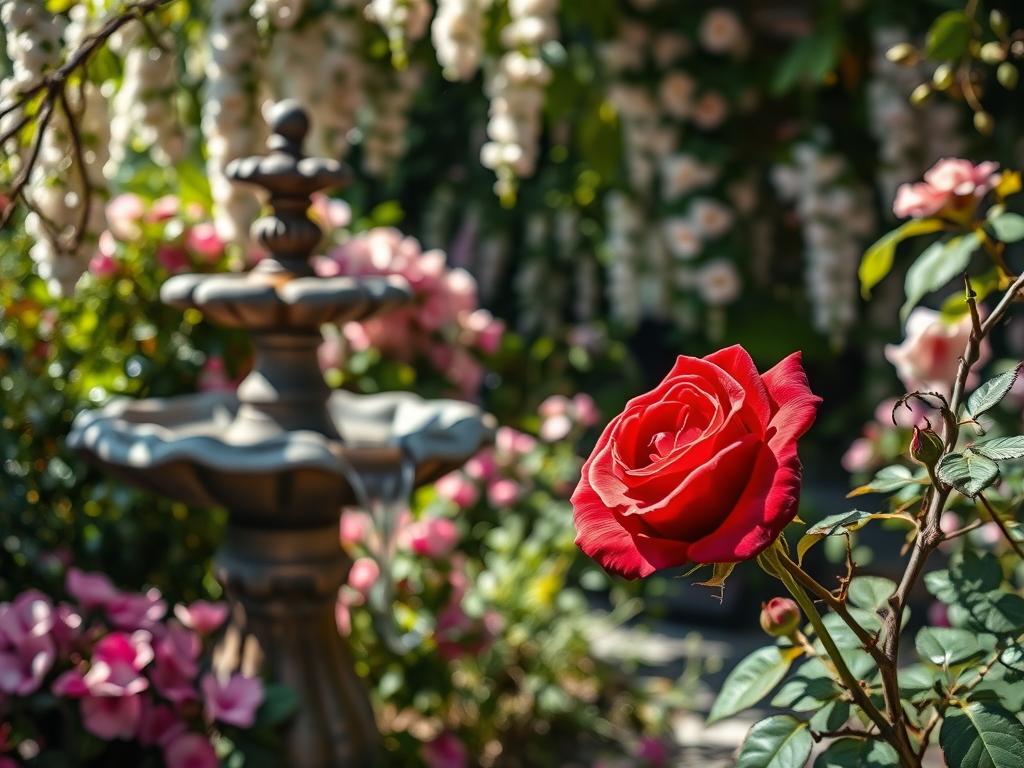 A serene garden overflows with lush flora, petals in soft hues cascading to the ground. Sunlight filters through the branches, casting gentle shadows on a weathered stone fountain, water trickling softly. In the foreground, a single blooming rose, its velvet crimson petals unfurling, contrasts with the decay of an old, twisted vine nearby, a poignant reminder of the transience of beauty. The interplay of life and death, the fleeting nature of earthly splendor, is captured in this evocative scene, a visual meditation on the bittersweet relationship between Schönheit und Vergänglichkeit.