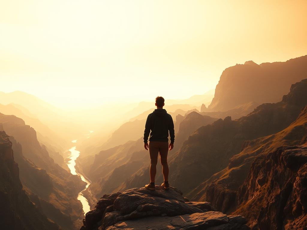A serene, introspective scene of a person standing atop a rocky cliff, gazing out at the vast, majestic landscape below. The sky is a warm, golden hue, casting a soft, diffused light across the rugged terrain. In the foreground, the figure appears contemplative, their stance suggesting a sense of determination and resilience in the face of challenges. The middle ground features a rugged, mountainous backdrop, with hues of deep greens, browns, and grays hinting at the obstacles that have been overcome. In the distance, a winding river cuts through the valley, symbolizing the journey of personal growth and transformation. The overall mood is one of tranquility, inner strength, and a sense of accomplishment in the face of adversity.