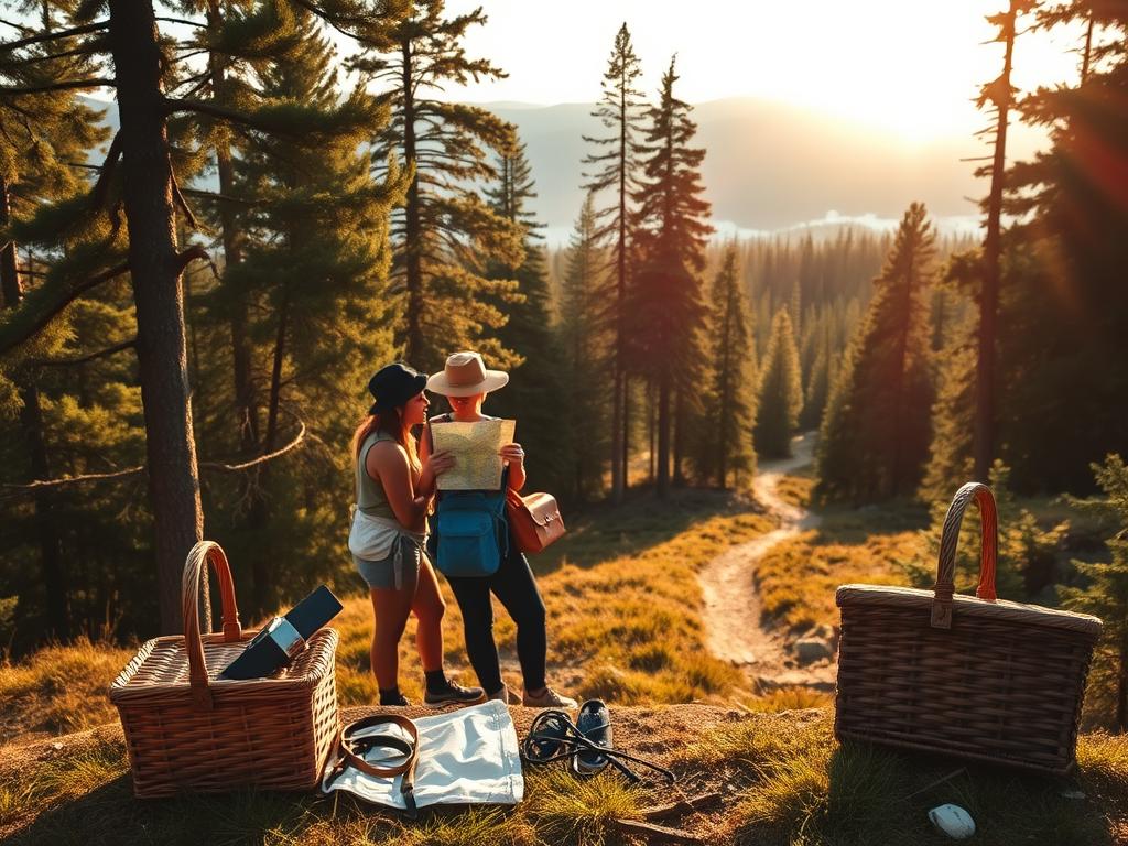 A serene landscape unfolds, where a group of hikers pause amidst towering pines, their gazes fixed on the distant horizon. Warm sunlight filters through the canopy, casting a gentle glow upon the travelers as they consult a map, planning their next steps. In the foreground, a picnic basket and hiking gear rest, hinting at the rejuvenating journey ahead. The composition is balanced, with the middle ground featuring a winding trail leading deeper into the lush, verdant forest. The overall mood is one of contemplation and discovery, inviting the viewer to imagine the therapeutic benefits of this carefully curated travel experience.