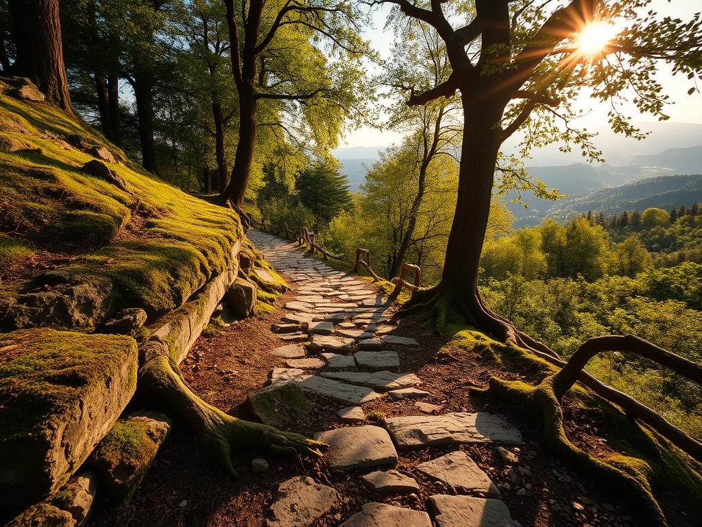 A serene landscape with ancient pathways winding through lush, verdant forests. Sunlight filters through the canopy, casting a warm, golden glow over the weathered stone and earth beneath. Moss-covered rocks and twisted tree roots line the trail, hinting at its timeless origins. In the distance, rolling hills and distant mountains create a sense of depth and scale. The scene evokes a feeling of discovery and connection to the natural world, as if the viewer is embarking on a journey through the heart of Germany's untamed wilderness.