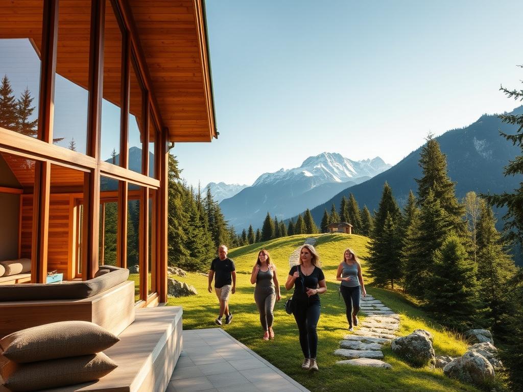 A serene mountain retreat nestled in lush evergreen forests, where a group of wellness-seeking hikers gather for a rejuvenating "Wellness Wanderurlaub". In the foreground, a well-appointed spa pavilion with large windows offering panoramic views of the surrounding peaks. Warm, natural lighting filters through the space, accentuating the earthy tones of the wooden decor and plush furnishings. In the middle ground, a winding trail leads through a verdant meadow, hikers in comfortable activewear strolling leisurely, faces reflecting a sense of inner peace. The background is dominated by majestic, snow-capped mountains under a crisp, azure sky, creating a tranquil and restorative atmosphere.