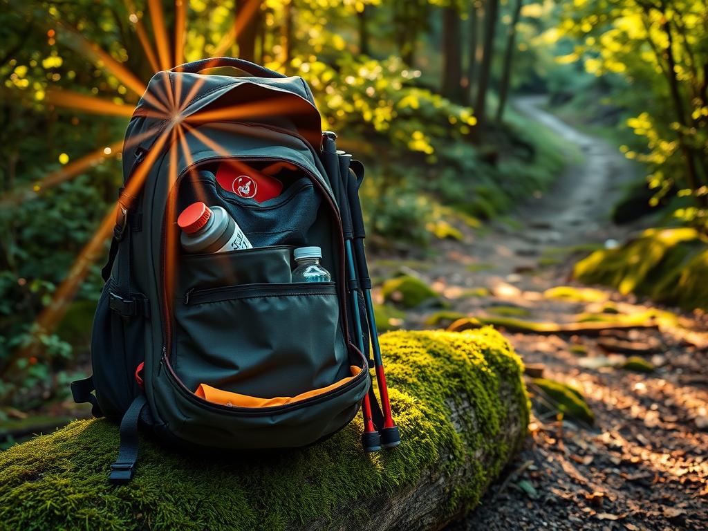 A serene outdoor scene with a well-stocked hiking backpack resting on a mossy log. Rays of warm sunlight filter through the lush, verdant foliage, casting a gentle glow. The backpack's compartments are neatly organized, containing essential gear like a water bottle, first-aid kit, and hiking poles. In the background, a winding trail disappears into the distance, inviting the viewer to embark on an invigorating adventure. The composition evokes a sense of preparedness, tranquility, and the joy of exploring nature.