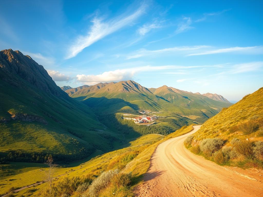 A serene, remote landscape with rugged mountains and lush, green valleys in the foreground. The middle ground features a winding dirt path leading to a small, charming village nestled among the hills. In the background, a clear, azure sky with wispy clouds overhead. The scene is bathed in warm, golden sunlight, creating a sense of tranquility and discovery. The composition is balanced, with the natural elements drawing the viewer's eye towards the hidden, lesser-known destination. This image evokes a feeling of curiosity and the desire to explore the uncharted corners of the world.