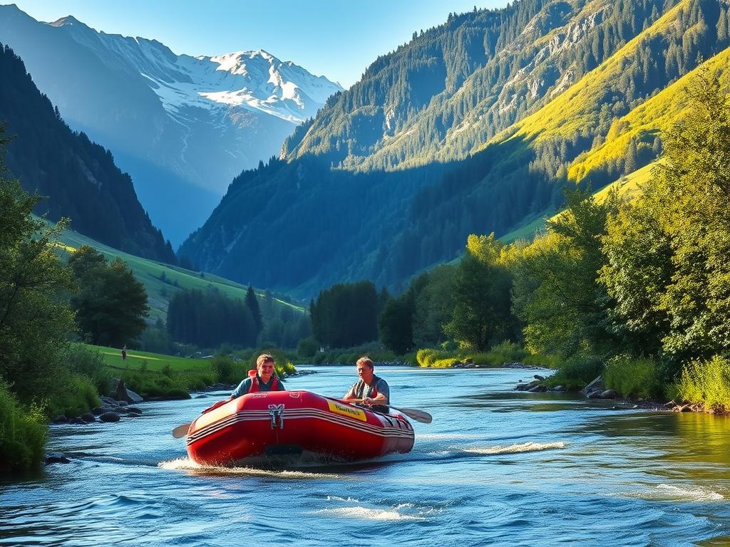 A serene river winds through the lush, rolling hills of the Allgäu region, as a vibrant red and white raft navigates the gentle rapids. Experienced guides skillfully maneuver the raft, while adventurous passengers brace themselves, their faces alight with exhilaration. Towering, snow-capped peaks frame the scene, casting long shadows over the picturesque landscape. Dappled sunlight filters through the verdant foliage, creating a warm, inviting atmosphere. The sound of rushing water and laughter echoes through the tranquil valley, capturing the essence of an unforgettable rafting adventure in the heart of the Allgäu.
