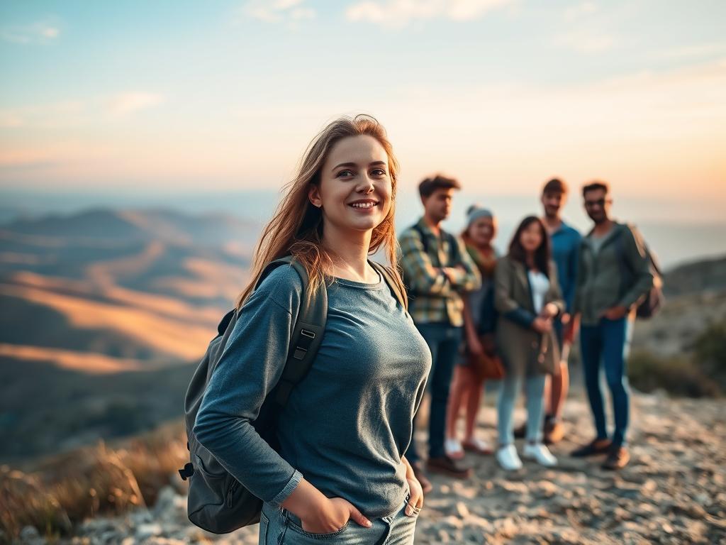 A serene scene of solo travelers embarking on a journey, capturing the essence of "Sicherheit Singlereisen ab 30". In the foreground, a young woman in casual attire stands confidently, her gaze fixed on the horizon. Behind her, a group of diverse individuals, each with their own unique stories, gather together, their body language conveying a sense of camaraderie and shared adventure. The background is a picturesque landscape, with rolling hills and a softly lit sky, creating a calming and safe atmosphere. The lighting is warm and natural, casting a gentle glow over the scene, emphasizing the sense of security and connection. The overall composition suggests a balanced and thoughtful approach to solo travel, where personal growth and social interaction coexist harmoniously.