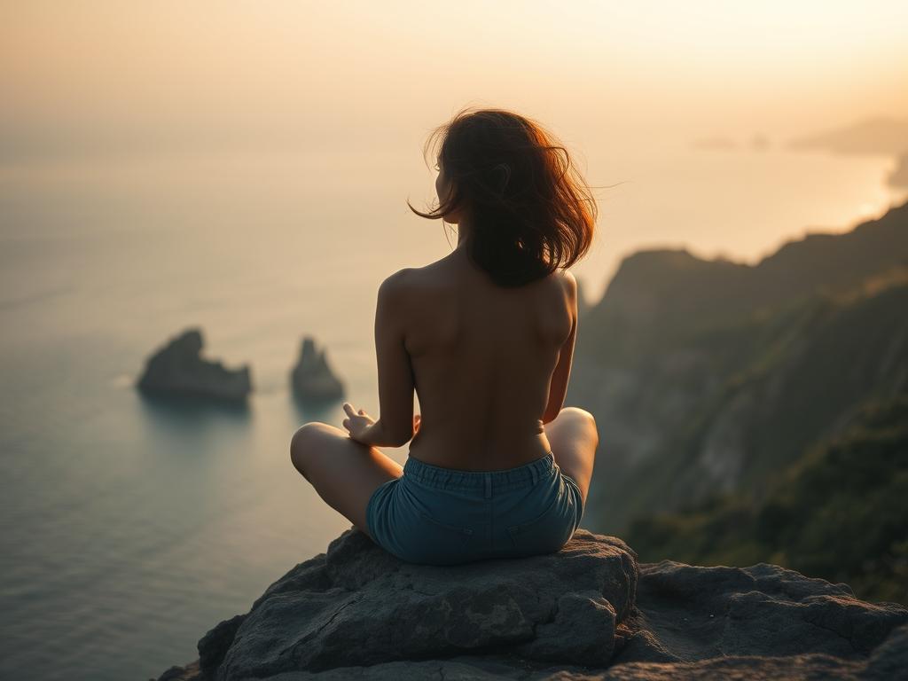 A serene, soft-focus image of a person sitting cross-legged on a cliff, gazing out at a vast, tranquil ocean. The foreground features the figure, their expression contemplative and at peace, with a gentle breeze ruffling their hair. The middle ground showcases the dramatic coastline, with rugged rock formations and lush, verdant vegetation. The background is a vast, hazy sky, bathed in warm, golden-hour lighting that casts a calming glow over the entire scene. The overall mood is one of introspection, resilience, and personal growth in the face of life's challenges.