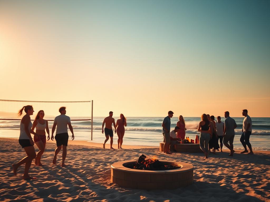 A serene, sun-dappled beach scene at golden hour, with a group of adults in their 30s engaged in various social activities. In the foreground, a group of friends playing beach volleyball, their laughter and camaraderie palpable. In the middle ground, a couple strolling hand-in-hand along the water's edge, waves lapping at their feet. In the background, a lively gathering around a crackling fire pit, strangers-turned-friends sharing stories and drinks. The overall atmosphere exudes a sense of connection, adventure, and the joy of singlehood. Warm, diffused lighting and a soft, hazy quality create a dream-like, romantic ambiance.