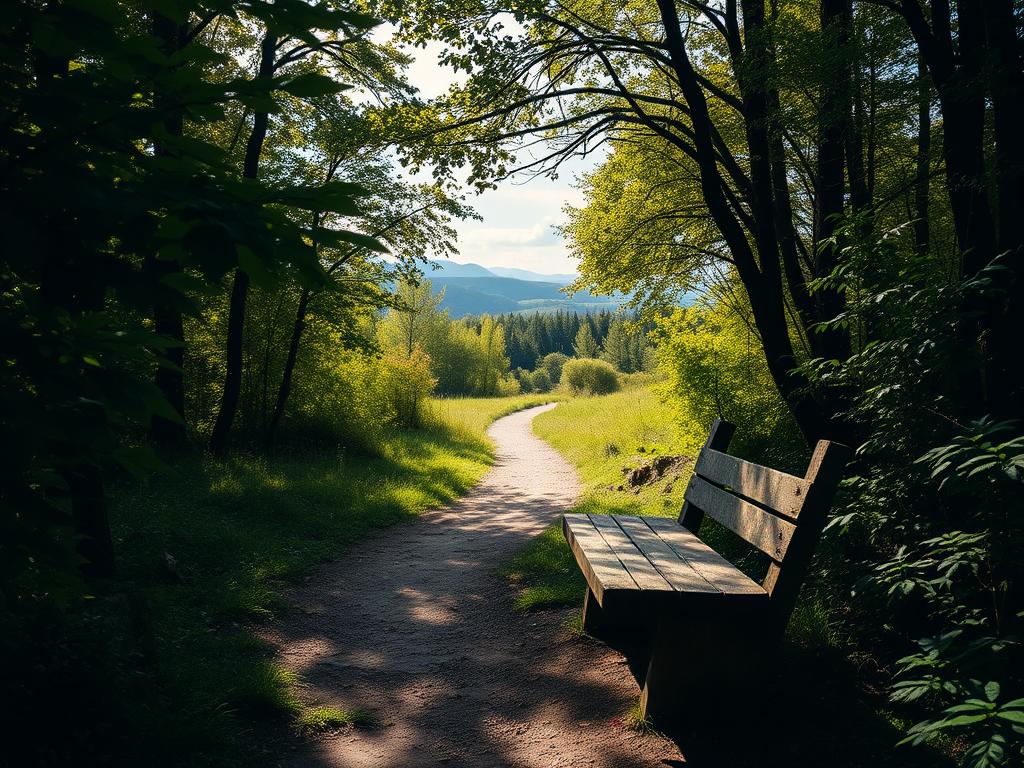 A serene, sun-dappled forest glade, with a winding path leading into the distance. Lush, verdant foliage frames the scene, while a weathered, moss-covered stone bench invites weary travelers to pause and take in the tranquil atmosphere. Soft, filtered light illuminates the scene, creating a sense of timeless, peaceful solitude. In the background, hints of distant, rolling hills and a cloudy, azure sky evoke a sense of untouched, forgotten landscapes waiting to be discovered. The overall mood is one of quiet contemplation and the invitation to explore the hidden, enchanting corners of the world.