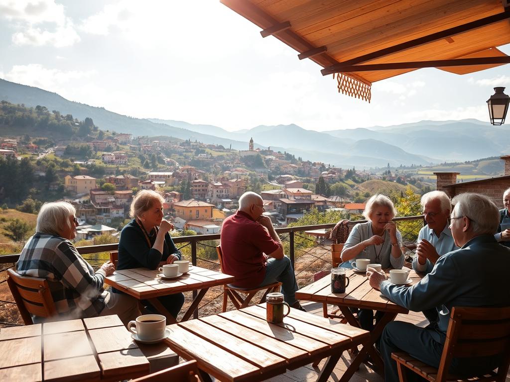 A serene, sun-dappled landscape where a group of mature travelers, filled with a sense of adventure, gather to share their experiences. In the foreground, a cozy outdoor cafe setting, with rustic wooden tables and chairs, where seniors converse animatedly over steaming cups of coffee. In the middle ground, a picturesque village scene unfolds, with colorful houses, winding cobblestone streets, and locals going about their daily lives. The background is dominated by rolling hills, dotted with lush greenery and the occasional glimpse of a distant mountain range. The overall mood is one of tranquility, camaraderie, and a newfound zest for life, capturing the essence of solo travel experiences for those over 50.