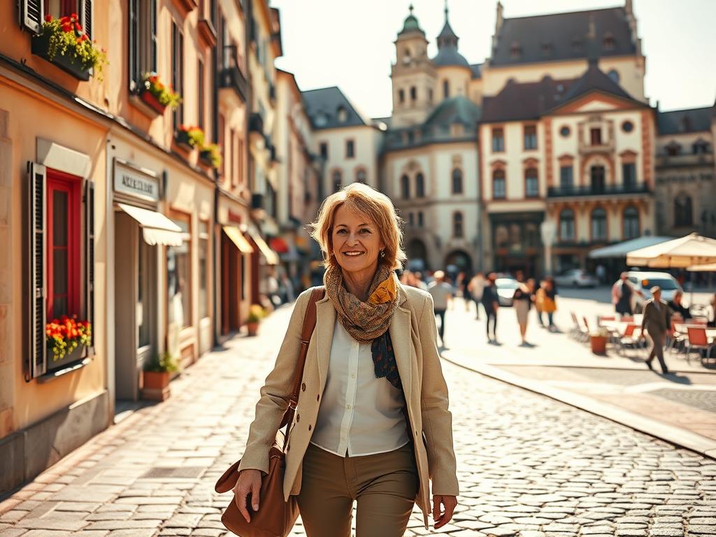 A serene, sun-dappled scene of a mature solo traveler exploring a picturesque European city. In the foreground, a well-dressed, confident individual strolls along a charming, cobblestone street, taking in the sights and atmosphere. The middle ground features quaint, historic buildings with colorful facades, window boxes, and intricate architectural details. In the background, a bustling town square comes into view, with people milling about, cafe tables, and perhaps a prominent church or town hall. The lighting is warm and golden, creating a sense of timelessness and joie de vivre. The overall mood is one of discovery, adventure, and the joy of experiencing new cultures and destinations in the prime of one's life.