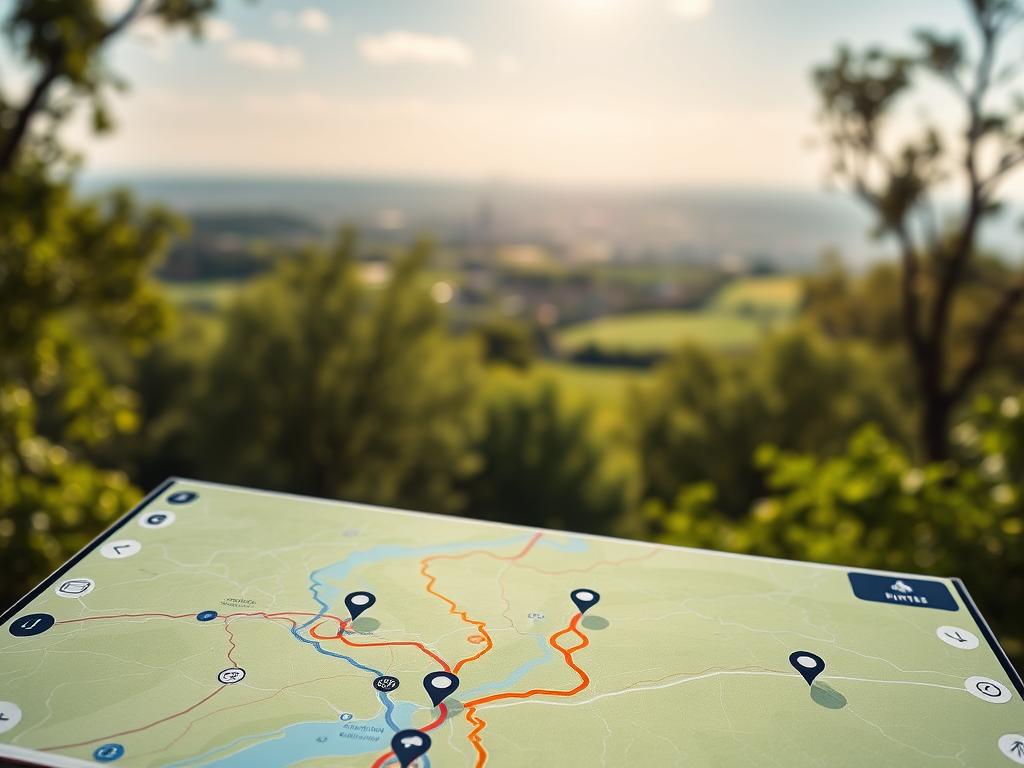 A serene, sunlit scene of a digital navigation interface displaying vibrant bicycle route maps. In the foreground, a crisp, high-resolution map showcases interconnected cycling paths winding through a lush, verdant landscape. The middle ground features sleek, modern icons and markers guiding the user's journey. In the background, a soft, blurred cityscape or rolling hills provide a subtle, contextual backdrop. The overall atmosphere conveys a sense of exploration, adventure, and the seamless integration of technology and the great outdoors, inspiring the viewer to plan their next cycling expedition.