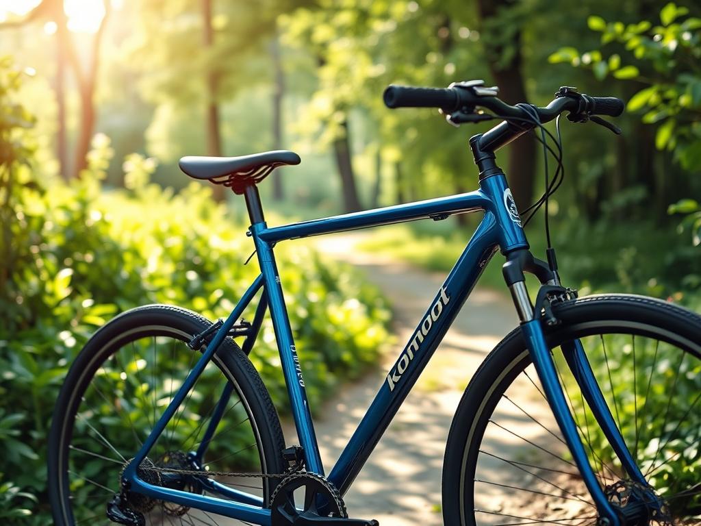 A serene, sunlit scene of a modern, sleek bicycle parked in a lush, verdant garden. The bicycle's frame is a vibrant blue, gleaming in the soft, diffused lighting. In the background, a path winds through a tranquil, wooded area, inviting the viewer to embark on an adventurous journey. The scene exudes a sense of calm and exploration, perfectly capturing the essence of the "komoot Routenplaner fürs Fahrrad" - a reliable, user-friendly cycling route planner that helps riders discover and navigate picturesque landscapes.