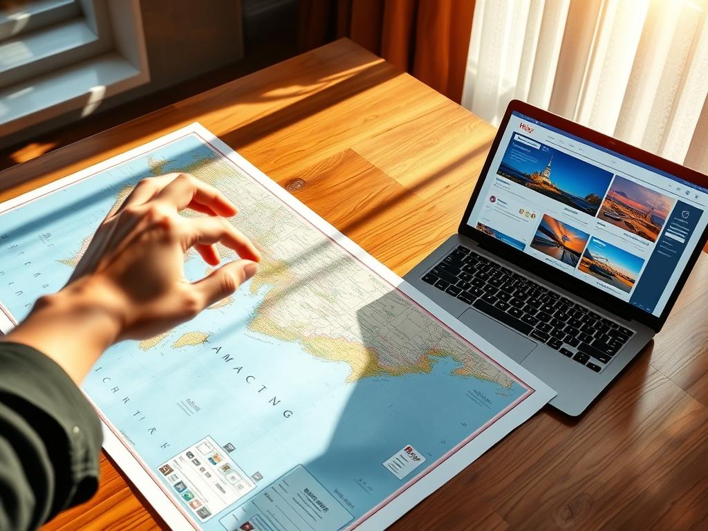 A serene travel planning scene, featuring an expansive world map displayed on a wooden table. Sunlight streams through the window, casting a warm glow over the scene. A traveler's hand hovers over the map, carefully considering their next destination, their fingers tracing the lines of countries and continents. Alongside the map, a laptop displays various travel websites, providing information on flights, accommodations, and local attractions. The atmosphere is one of anticipation and discovery, inviting the viewer to embark on their own adventure.