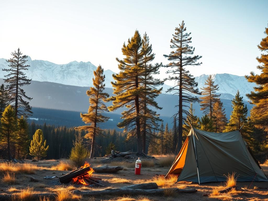 A serene wilderness landscape in northern Sweden, bathed in soft golden light. In the foreground, a rugged campsite with a cozy tent, a crackling fire, and a few basic survival tools. In the middle ground, a lush forest of towering pine trees, their branches swaying gently in the breeze. In the background, a majestic mountain range rises, its snow-capped peaks piercing the clear, azure sky. The atmosphere is one of tranquility and self-reliance, inviting the viewer to immerse themselves in the Scandinavian wilderness and the challenges of a survival adventure.
