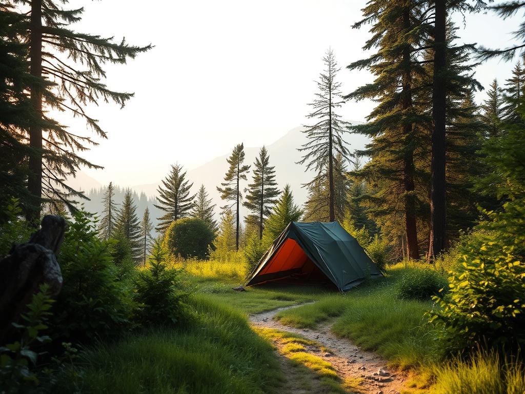A serene wilderness scene in the heart of Germany's countryside. A rugged tent nestled amidst lush, verdant foliage, surrounded by towering pines and a distant, hazy mountain range. Soft, diffused natural light filters through the trees, casting a warm, golden glow over the tranquil campsite. In the foreground, a well-worn path leads deeper into the untamed landscape, inviting the viewer to explore the beauty of unspoiled nature. The overall atmosphere evokes a sense of calm, solitude, and the pure joy of escaping the confines of urban life to connect with the great outdoors.